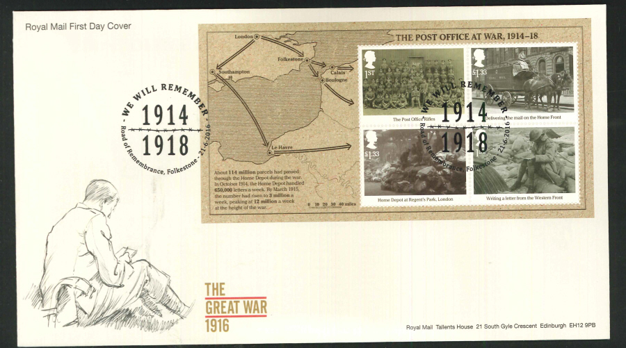 2016 - The Great War 1916, Minisheet First Day Cover, Road of Remembrance, Folkestone Postmark